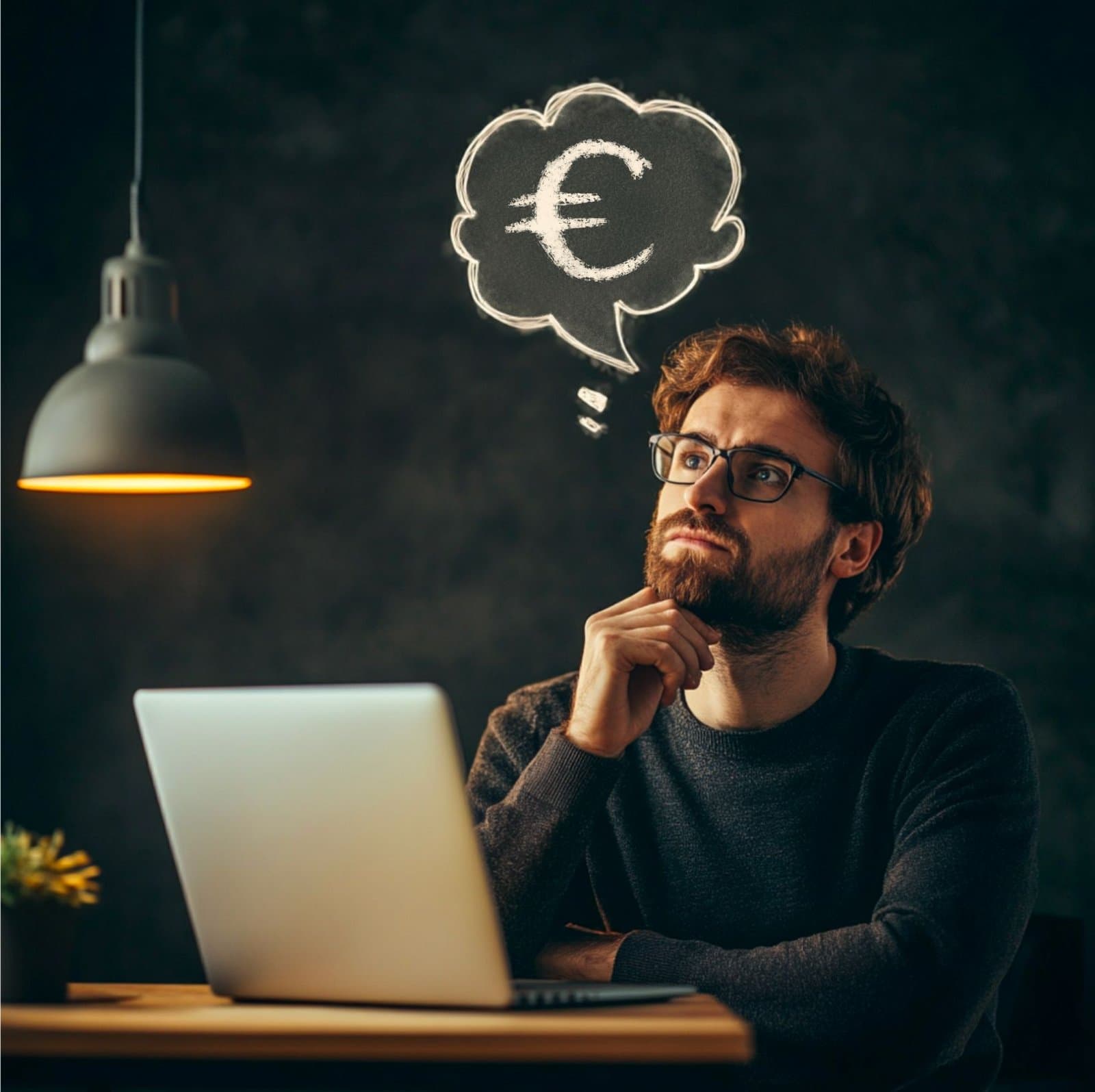 homme réfléchissant devant son ordinateur, une bulle se dessine au dessus de sa tête avec un symbole euros