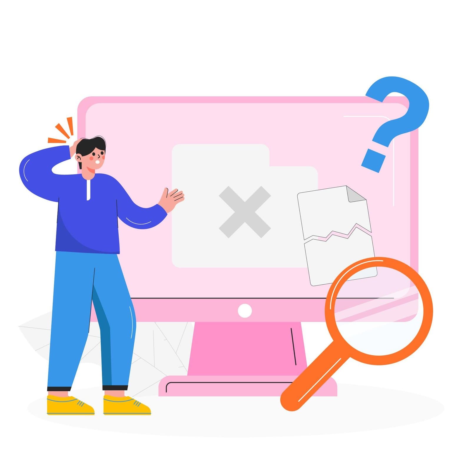 Illustration personne devant écran ordinateur avec une loupe et point d'interrogation